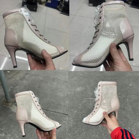 Sexy High Heels Hollow Mesh Sandals for Summer Fashion Comfort Peep Toe Stilettos Jazz Dance Female Shoes Plus Size