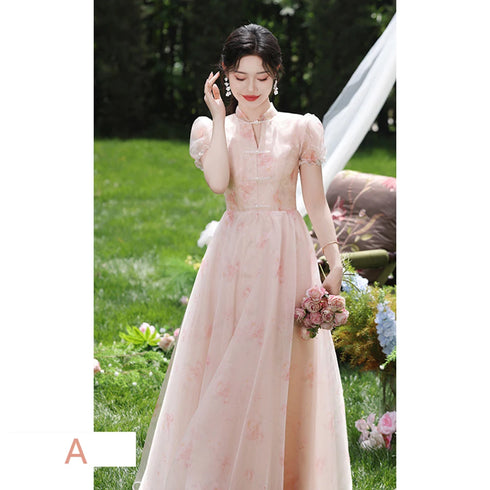 Off Shoulder Bridesmaid Dress Elegant Bubble Sleeve Floral Print Aline Gown For Party