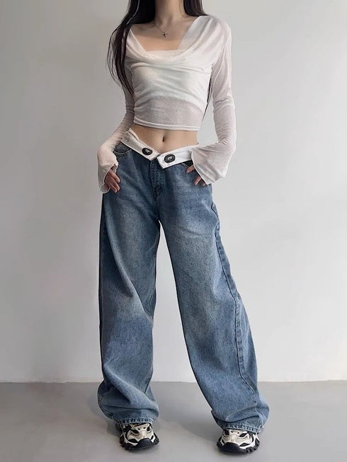Baggy Wide Leg Vintage Y2K Jeans for Women - Trendy Kpop Gyaru Streetwear High Waist Denim Pants Perfect for Fall Outfits with Jeans and Harajuku Style
