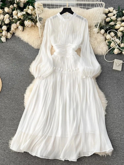 French Luxury Folds Wedding Formal Occasion Dress Women Stand Puff Sleeve Pleated Holiday Chic Robe