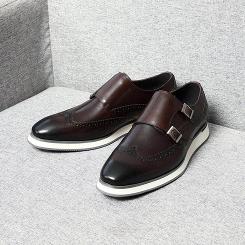 Luxury Mens Casual Sneakers Monk Strap Flats Genuine Leather Walk Shoes