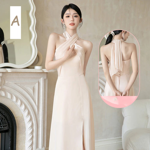 Backless Satin Sleeveless Ankle-Length Evening Dress for Bridesmaid Dress with Built-In Bra and Bow
