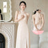 Backless Satin Sleeveless Ankle-Length Evening Dress for Bridesmaid Dress with Built-In Bra and Bow
