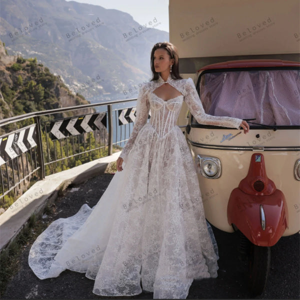 Modern Wedding Dresses Exquisite Bridal Gowns Lace Appliques Full Sleeves for Formal Party