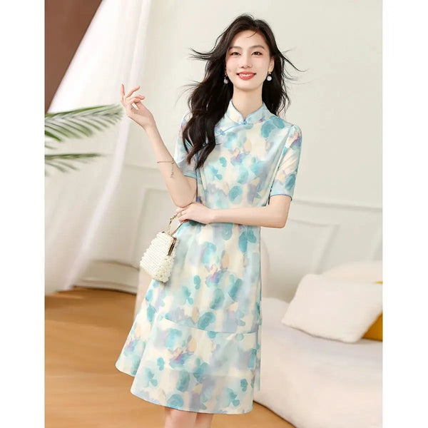 Mid-length Dress Summer Women Slim Elegant Printed Dresses