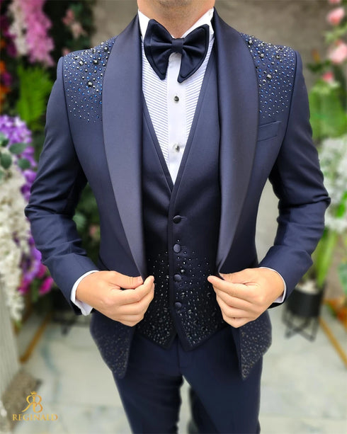3 Piece Beaded Tuxedo Suit for Wedding and Formal Events
