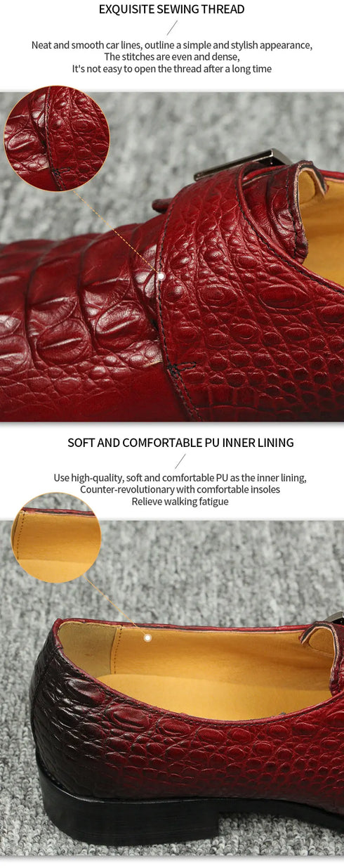 Luxury Crocodile Pattern Formal Leather Shoes for Men Monk Strap Oxford Style Loafers