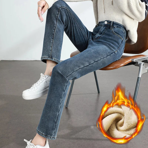Women's Winter Fleece Warm Jeans Retro Slim Straight Denim Pants