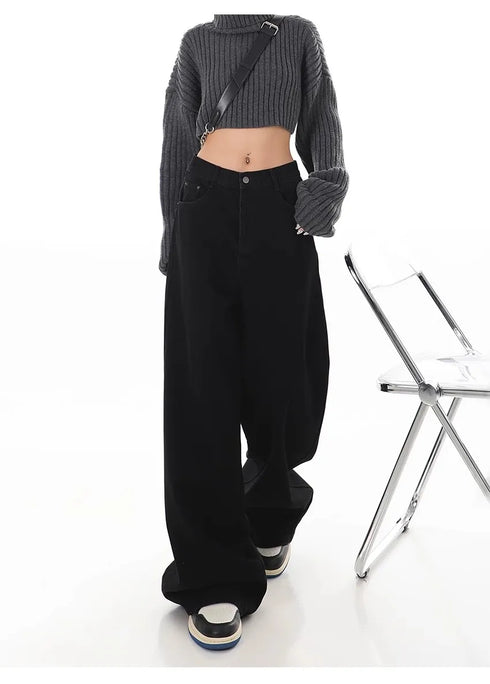 Stylish Wide Leg Black Jeans for Women - Embrace Korean Fashion Streetwear with Baggy Straight Denim Pants Perfect for Fall Outfits and Casual Days