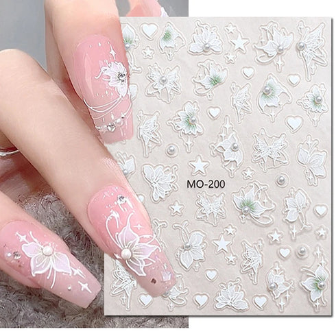 5D Embossed Nail Art Stickers - Semi-Transparent White Bowknots Adhesive Sliders for Creative Manicure Decorations and Nail Art Accessories