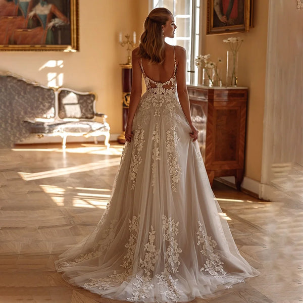 Backless Lace Appliques Glitter Tulle Aline Sleeveless Elegant Romantic Wedding Dress