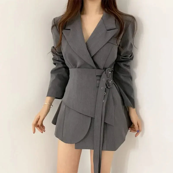 Premium Spring Double Belt Suit Coat for Women - Slimming A-Line Short Dress