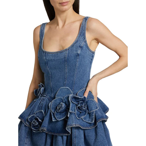 Chic Summer 3D Floral Denim Mini Dress Vintage A Line Halter Jean Fashion Clothing