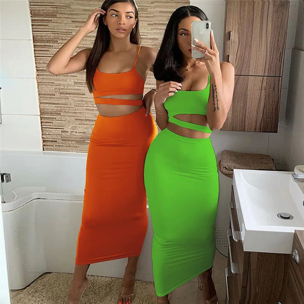 Elegant Women Dress Long Party Night Dress Two-piece Hollowout