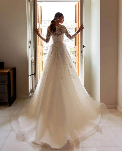 A-line Tulle Wedding Dress Long Sleeve V-neck Plus Size Lace
