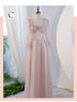 V-Neck Ruched Tulle A-Line Dress With Square Collar And Appliques And Bow Bridesmaid Dress