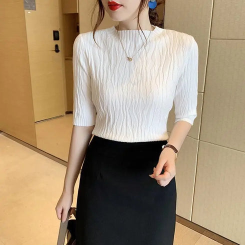Half Turtleneck Ice Silk T-shirt Women's Sweater Mid-sleeved Temperament Versatile Top Fashionable Inner Wear Summer New Style