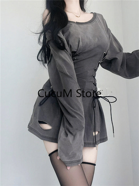 Fairycore Grunge Goth Corset Dress Women Aesthetic Streetwear Bodycon Y2k Indie Clothes