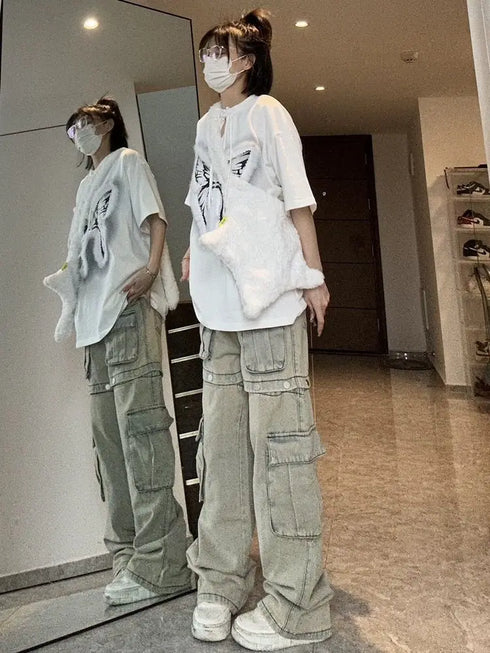 Detachable Design Tooling Jeans for Women – Gothic Retro High Street Style Wide Leg Pants, Perfect for Fall Outfits with Jeans and Casual Wear