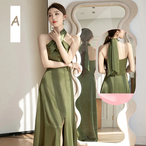 Backless Satin Sleeveless Ankle-Length Evening Dress for Bridesmaid Dress with Built-In Bra and Bow