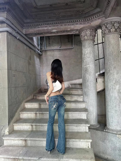 Vintage Y2K Inspired Low Waist Flare Jeans for Women - Perfect for Fall Outfits and High Street Style with Embroidery and Distressed Details