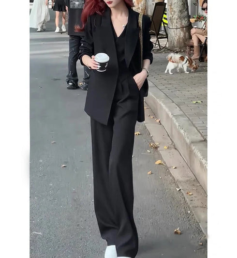 Elegant 3-Piece Korean Business Suit for Women: Stylish Blazer, Sleeveless Vest, and Wide Leg Pants Set for Office and Casual Wear