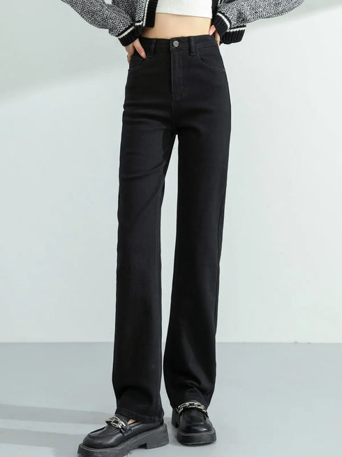 Vintage Y2K High Waist Straight Leg Denim Jeans for Women's Fall Outfits - Soft Cotton Elastic Full Length Streetwear Pants