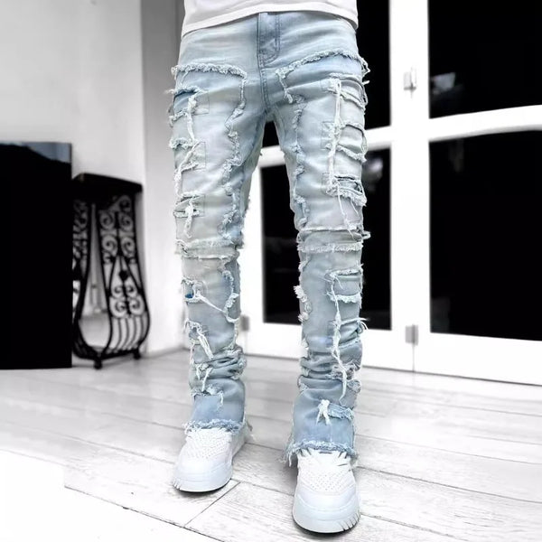 Men's Fashion Solid Color Elastic Patch Denim Straight-Leg Jeans