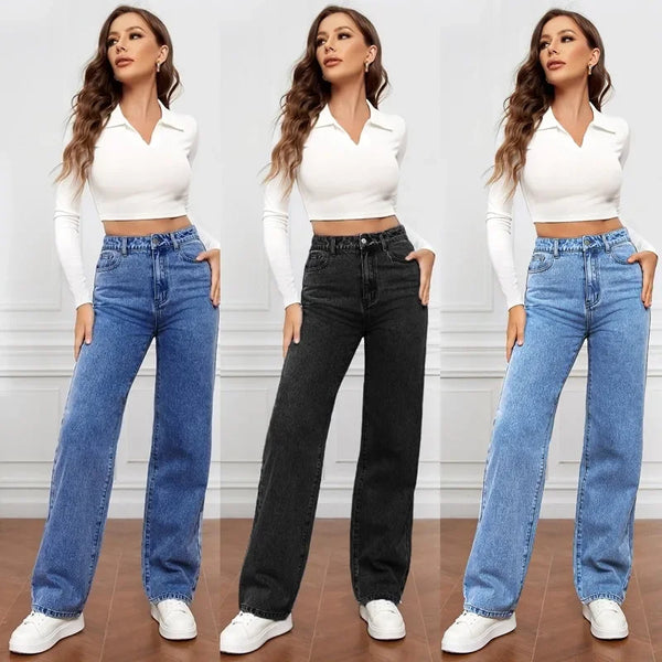 Women Jeans Straight Pants Denim Washing High Waist Loose Fit Pockets Ankle Length Solid Color Stretch