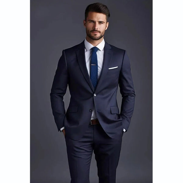 Navy Blue Solid Men Suits Fashion Notch Lapel 2 Piece Business Casual Suit