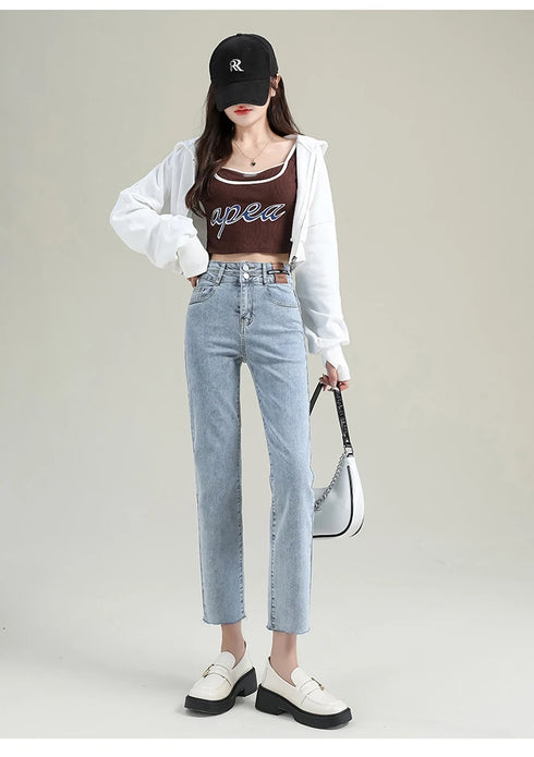 Slim Straight Elastic Denim Pipe Pants for Women - Versatile All-Season Trousers with Pockets and Tie Dye Details for Trendy Fall Outfits