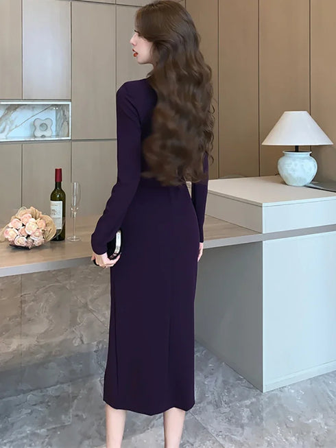 Purpled Elegant Pleated Bodycon Suit Dress for Women Chic Formal Dress
