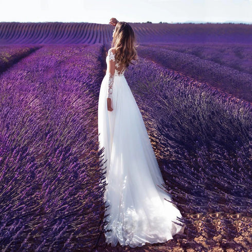 Long-Sleeved See-Through Lace Wedding Dress for Bridesmaid and Evening Events