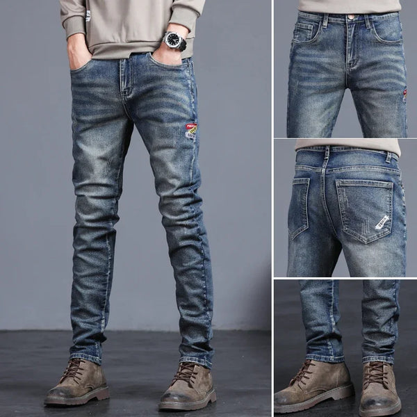 Men's Vintage Jeans Korean Fashion Slim Embroidered Denim Pants