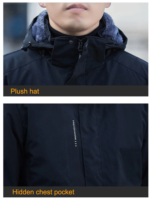 Plush Waterproof Autumn Winter Jacket for Men - Casual Windproof Coat with Detachable Hood and Rib Sleeves, Perfect for Daily Wear and Spring Cotton Comfort