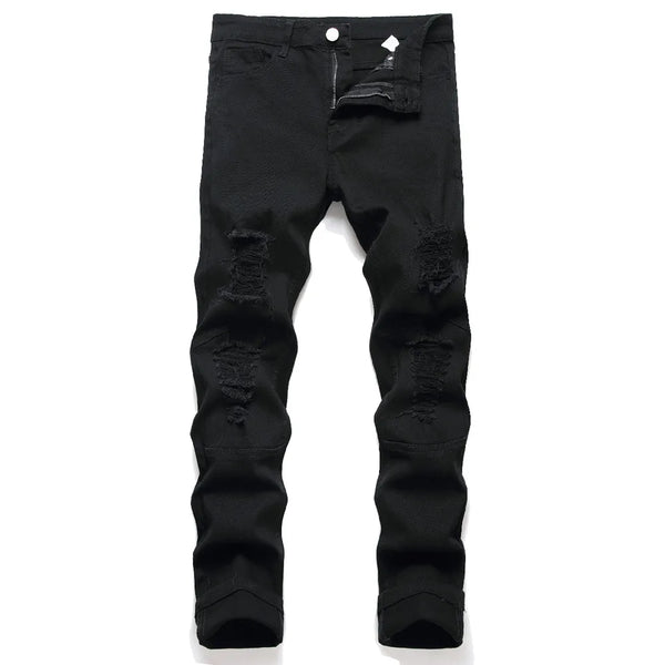 Men Black Stretch Skinny Fit Pencil Jeans Trousers Knee Ripped Distressed Motorcycle Biker Jeans Pants