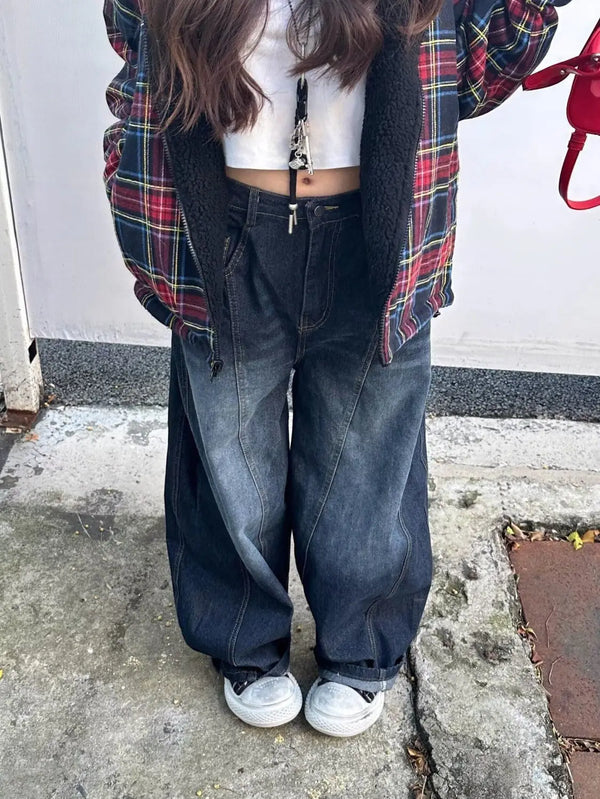 Embroidered Patchwork Jeans For Women With Vintage Washed Denim Straight Loose Fit