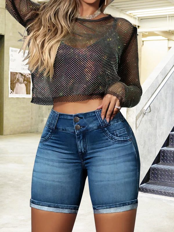 High Waist Stretch Denim Shorts for Women - Summer Ready X-Shape Buttoned Hot Pants with Rivets, Perfect for Fall Jeans Outfit Inspiration and Junior Stylish Looks