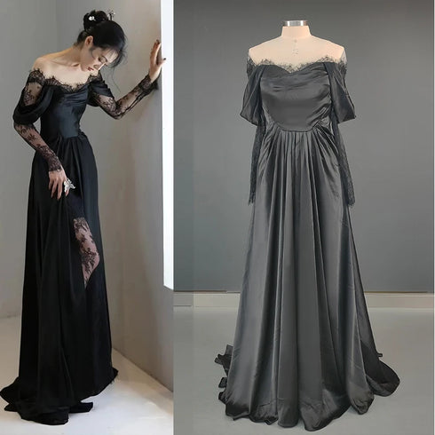 Customized Illusion Tulle Off Shoulder Lace Wedding Gowns A Line Long Sleeves Ruched Satin Bridal Dress