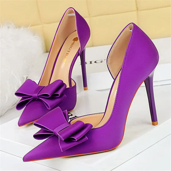 Women 10.5cm High Heels Satin Silk Butterfly Knot Pumps Fashion Party Shoes