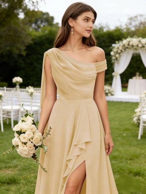 Bridesmaid Dress One Shoulder Chiffon With Pleated Ruffles A-Line Floor-Length Slit Bridal Dress