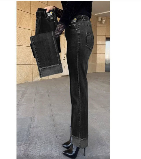 Elastic Waist Jeans For Women High Waist Wide Leg Denim Pants Loose Fit Casual Trousers