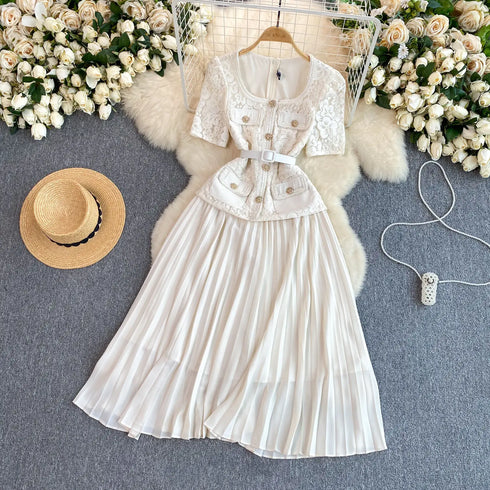Runway Spring Pleated Chiffon Lace Party Long Dress Midi Dresses
