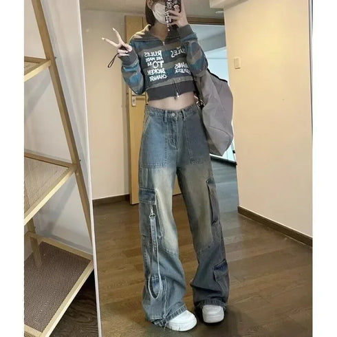 Female Jean Spliced Pockets Cargo Pants Distressed Denim Basics