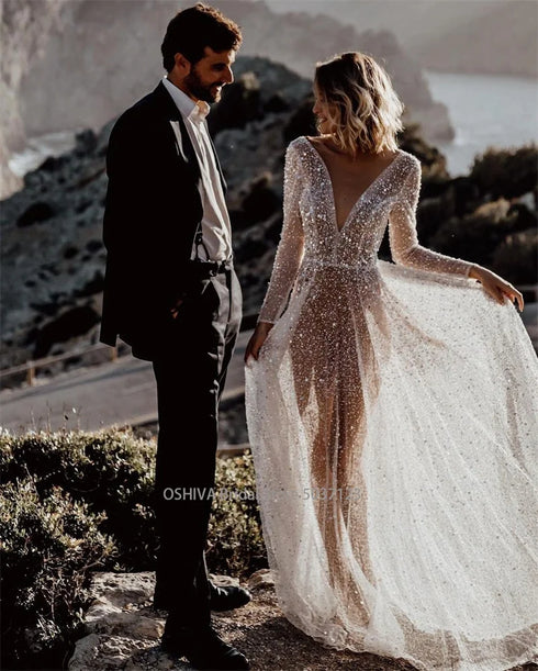 Mordern V- Neck Sequins Wedding Dresses Long Sleeves Gowns