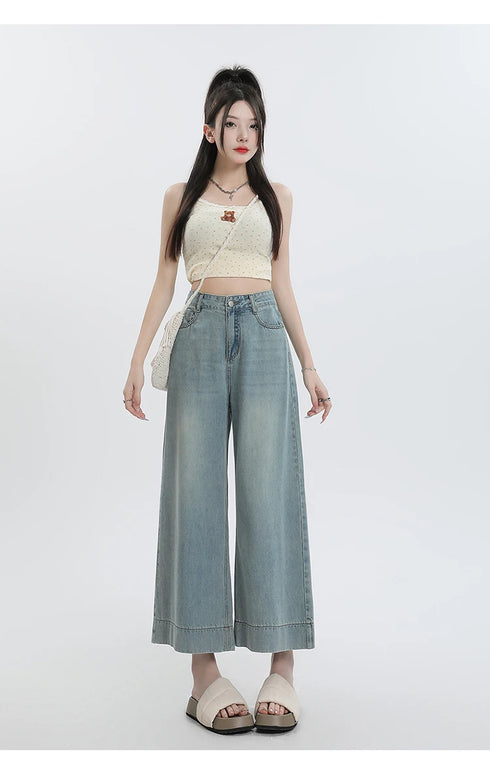 Wide Leg Loose Denim Ankle-Length Jeans for Women - Trendy Streetwear Pants Perfect for Summer Outfits and Casual Styling