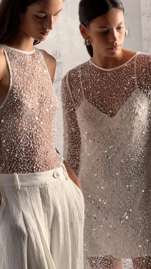 Independent Station Women's Clothing Beaded Mesh Net Yarn Two-Piece Set Dress