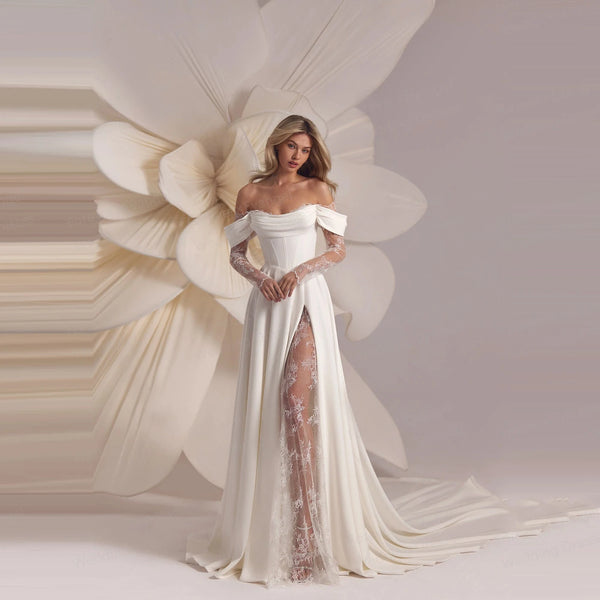 Elegant Appliques Off Shoulder A Line Wedding Dresses for Brides with Illusion Long Sleeves and Split Design