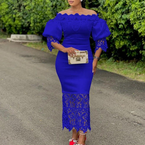Trend Fashion Lace Midi Dress Women Off-Neck Bodycon Style