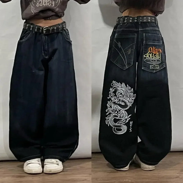 Harajuku Retro Dragon Print Wide Leg Jeans for Women